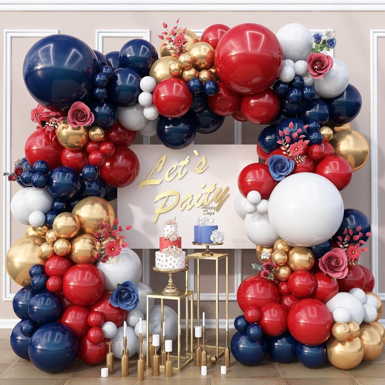 Red White Blue Double-Stuffed Balloon Arch Kit – Navy, Dark Red, Matte White & Metallic Gold